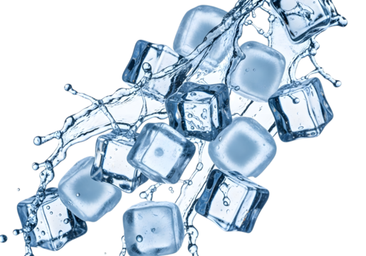 Clear ice cubes splashing through water with droplets isolated on a transparent background water splash