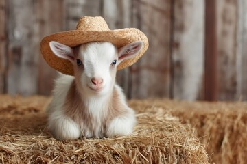 Baby goat in a straw hat resting on a hay bale in a rustic barn, fluffy and curious, capturing charming farm life moments
