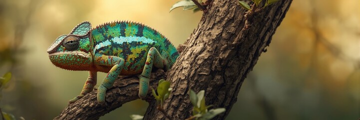 Vivid and striking panther chameleon with brilliant turquoise and emerald green markings gripping a textured tree trunk in its natural habitat