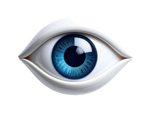 Digitally rendered human eye, vibrant blue iris with white stylized eyelids against black background