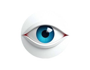 A stylized eye graphic, vivid blue iris in a white circle on a stark black background