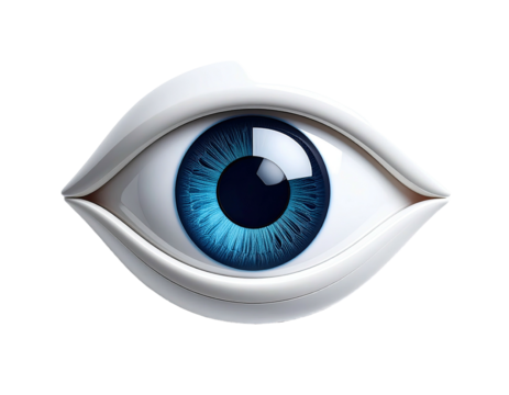 Digitally rendered human eye, vibrant blue iris with white stylized eyelids against black background