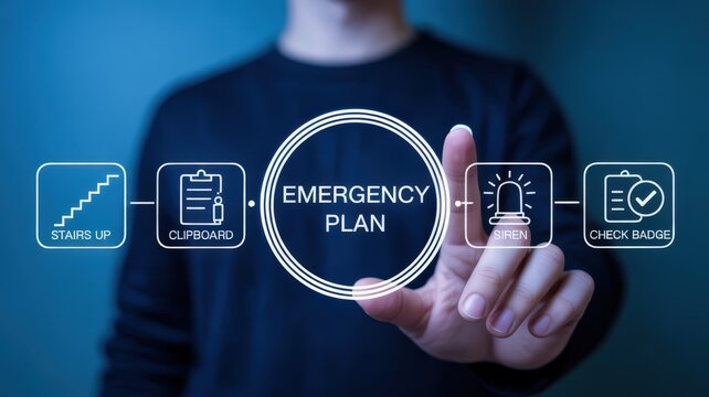 Business professional interacts with a digital display showing a sequence of safety procedures for emergency response