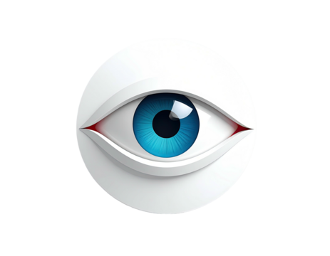 A stylized eye graphic, vivid blue iris in a white circle on a stark black background