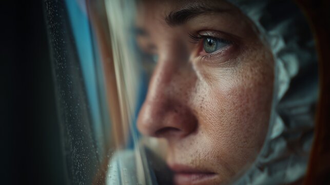 In a rainy setting, a woman gazes pensively out a window, droplets sliding down the glass. The reflective scene captures her contemplation in a moment of quiet solitude.