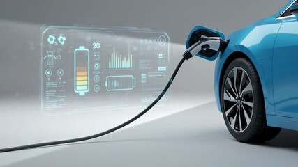 Blue electric car plugged into a charging port, with a futuristic interface displaying data. The display shows battery level and other information - Powered by Adobe