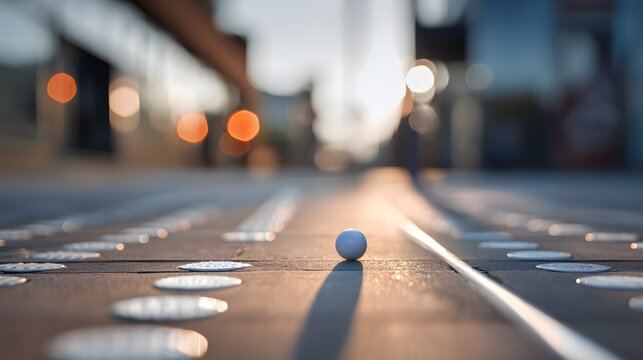 Golf ball sits poised for action in urban setting, inspiring focus, precision, and determination for success in sports or business ventures