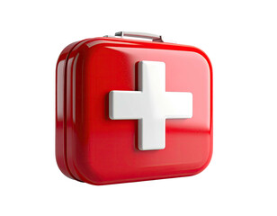 Obraz premium Glossy red square first aid kit with white cross icon and handle on a black background