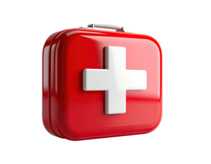 Glossy red square first aid kit with white cross icon and handle on a black background