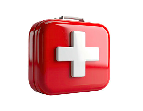 Glossy red square first aid kit with white cross icon and handle on a black background