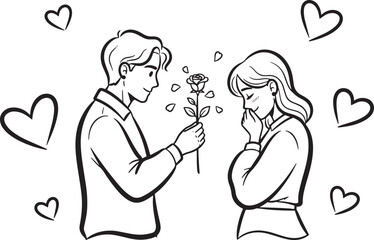 Guy gives flower to girl surrounded by floating hearts on transparent background