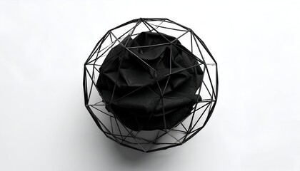 A black, crumpled fabric sphere contained within a geometric wireframe, against white background