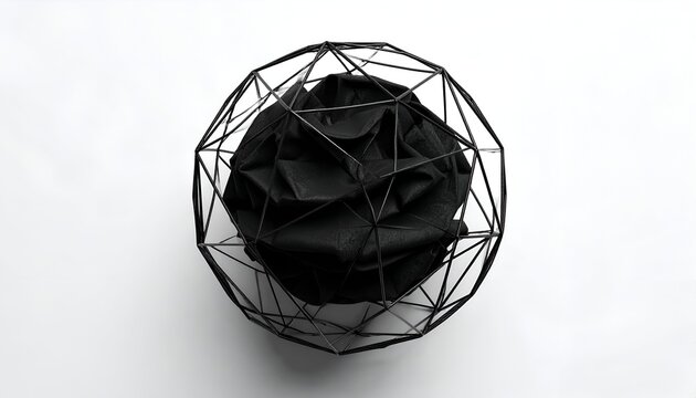 A black, crumpled fabric sphere contained within a geometric wireframe, against white background