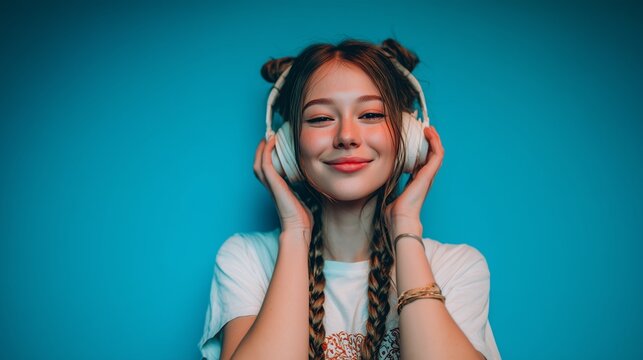 A young woman listens to music while wearing wireless headphones, enjoying the vibrant blue backdrop that enhances her youthful energy. The wireless headphones create a sense of fr