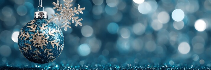A blue christmas ornament with a snowflake on a glittery blue background with bokeh lights behind it