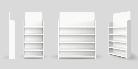 Empty supermarket shelves isolated on white background. 3d render