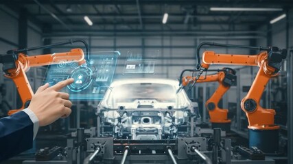 A futuristic car factory assembly line features orange robotic arms, a skeletal car, and a hand interacting with a holographic interface - Powered by Adobe