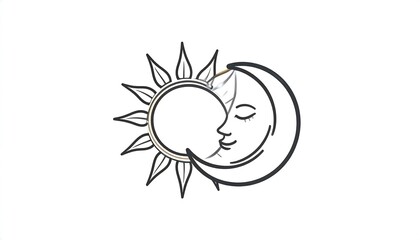 Fototapeta premium Celestial embrace of sun and crescent moon with face.