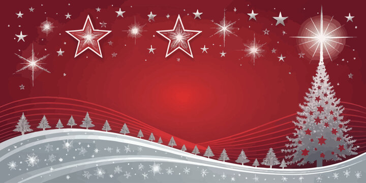 Vector christmas christmas themed background with stars and christmas tree on a red and white gradient background scene