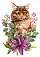 Watercolor fluffy tabby cat with dark purple lily and green leaves, botanical floral illustration for prints