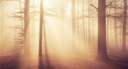 Obraz premium Misty forest landscape with sunbeams atmospheric woodland scene perfect for nature and tranquility concepts