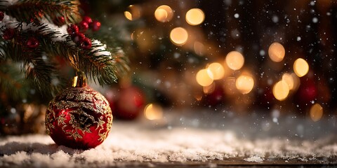A christmas ornament hanging from a tree branch with snow and blurred lights in the background