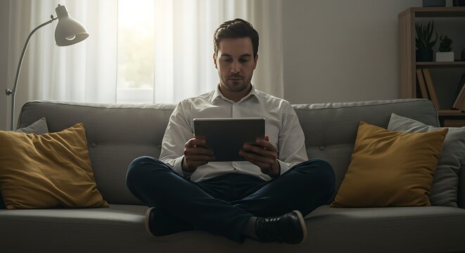 Focused man using digital tablet on sofa at home.