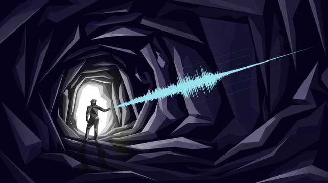 Discovering new soundscapes, a figure explores the depths with audio waves, uncovering hidden stories and acoustic innovation in the digital age exploration