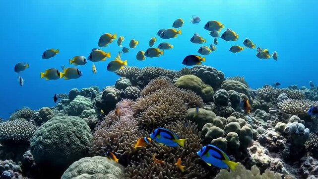 Focus on the intricate details of a thriving coral reef, showcasing various coral species and their symbiotic relationships with the surrounding marine environment.