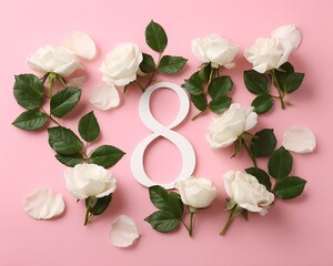 White roses and number eight on a pink background for international women's day celebration