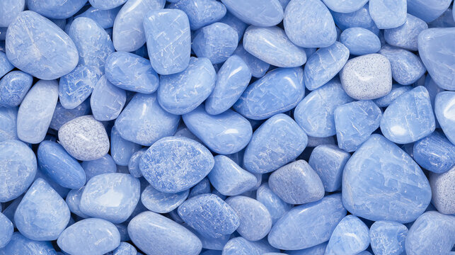 A collection of smooth, blue stones scattered closely together, showcasing various shapes and shades of blue.