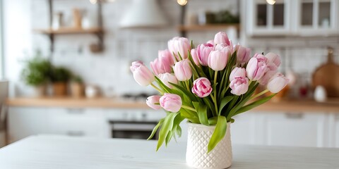 Pink tulips in a white vase on a kitchen counter with a blurred kitchen in the background indoors