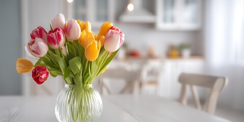 Tulips in a glass vase on a white table in a bright kitchen setting with chairs and cabinets visible