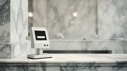 Stylish modern payment terminal on marble counter showcases seamless financial technology for upscale retail environments and luxury shopping experiences