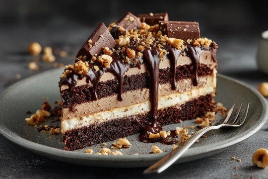 Rich chocolate hazelnut cake slice