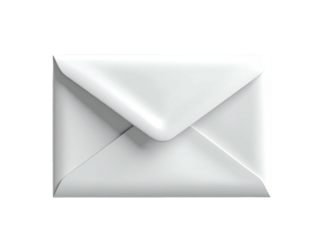 Glossy, white closed envelope with subtle shadows, set against a black background