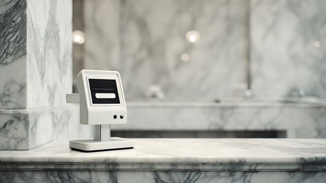 Stylish modern payment terminal on marble counter showcases seamless financial technology for upscale retail environments and luxury shopping experiences - Powered by Adobe