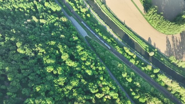Aerial view of a vibrant green forest meeting cultivated golden fields, separated by a canal, creating a striking contrast, Zillisheim, Grand Est, France.