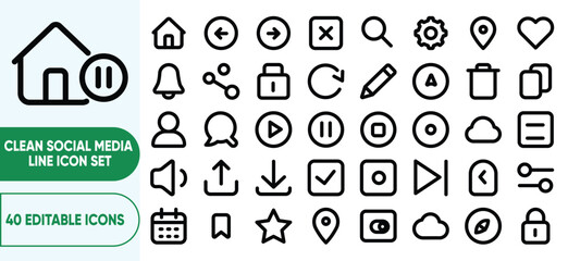 Clean Social Media Line Icon Set – Modern Outline Symbols for Home, Navigation, Search, Notifications, Chat, Media Controls, Uploads, Profiles, and UIUX Interfaces