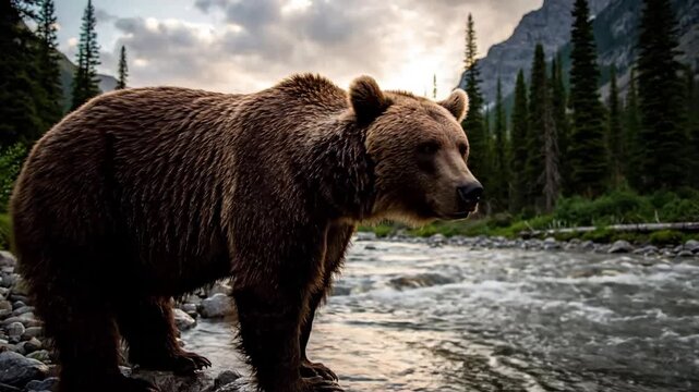 A majestic brown bear, actively foraging for berries or roots in a vibrant, sun dappled forest clearing, showcasing its natural instinct and powerful presence.
