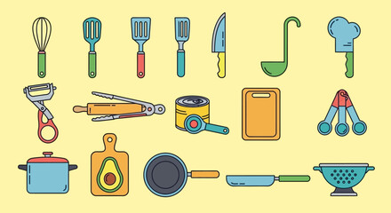Camping gear icons: tent, fire, backpack, sleeping bag, compass, map, thermos, flashlight, axe, chair, table, stove.