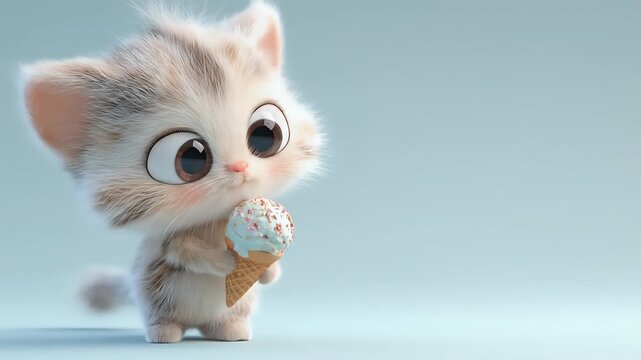 Animated kitten stands on light-blue surface holding ice cream cone. Background out of focus. Kitten appears mischievous