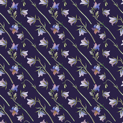 Seamless pattern with bluebells. Watercolor illustration with blue wildflowers on a dark blue background. Diagonal botanical background for textiles, wallpaper, dishes.