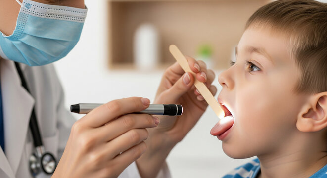 Close-up side view of a pediatrician examining a little boy's throat with a wooden tongue depressor and a medical penlight, child opening mouth wide, doctor wearing a white coat and protective mask