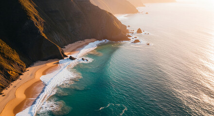 Aerial view of beach with turquoise water and rocky cliff, creating a tranquil and serene atmosphere, perfect for vacation, travel and peaceful concepts