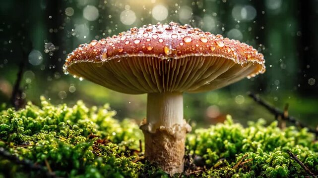 Intricate Textures of Fungal Growth in a Damp Forest Ecosystem Close up, detailed exploration of the cap, gills, and stem of a wild mushroom, highlighting unique patterns and surface moisture.
