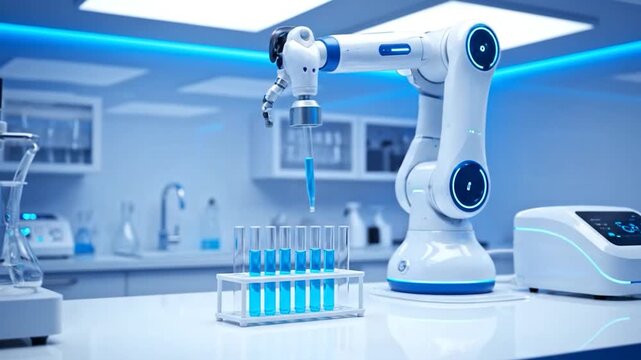 A robotic arm in a lab environment filling test tubes with a blue liquid. Modern technology setting