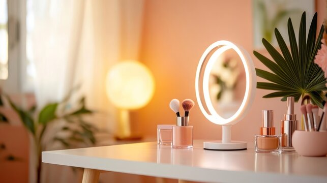 Elegant makeup vanity setup with modern lighted mirror and beauty products in a serene space