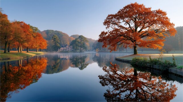 Peaceful autumn landscape with vivid red and orange trees mirrored in calm lake water - Powered by Adobe