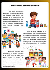 A boy learns a valuable lesson about responsibility and respect for shared materials in a colorful school classroom setting